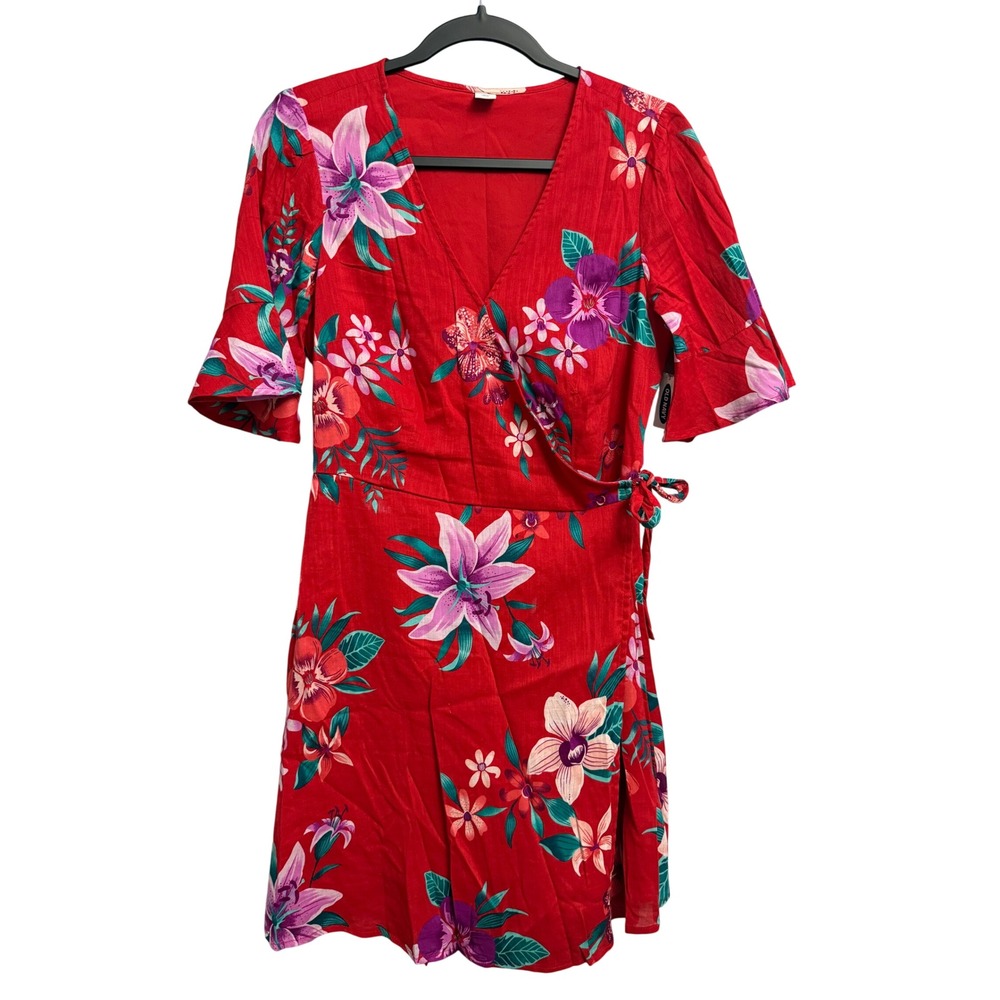Old Navy Red Tropical Floral Wrap Mini Dress Flutter Sleeve V-Neck Medium Boho